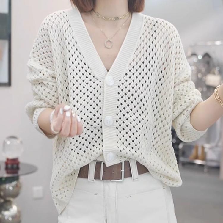 Spring/Summer Single Breasted Sunscreen Loose Air Conditioning Sweater V-neck Hollow Knitted Cardigan for Women