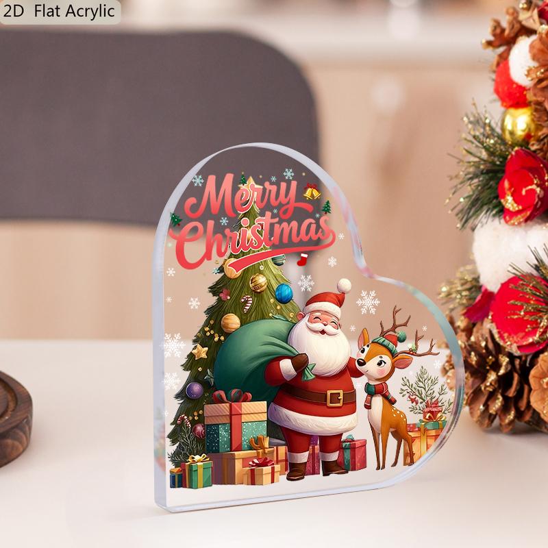 2D Flat Heart-Shaped Acrylic Christmas Desktop Decoration, Santa Claus & Reindeer Design, Snowy Tree & Presents, Suitable for wall decoration, porch,