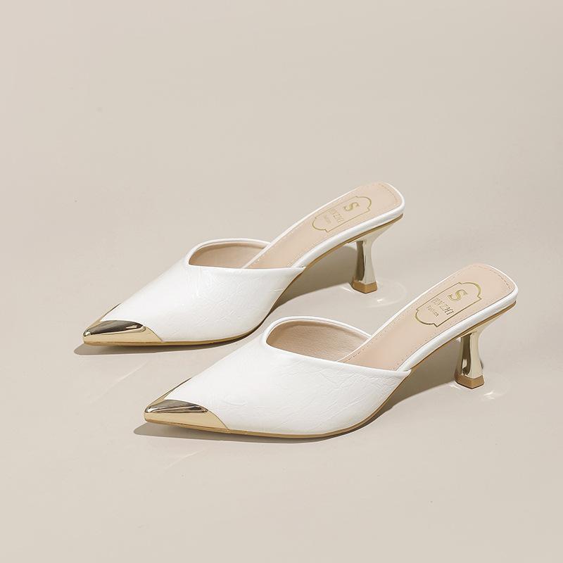 Spring and summer new bag head half slippers wear pointed low heel thick heel women's shoes cool slippers comfortable drag