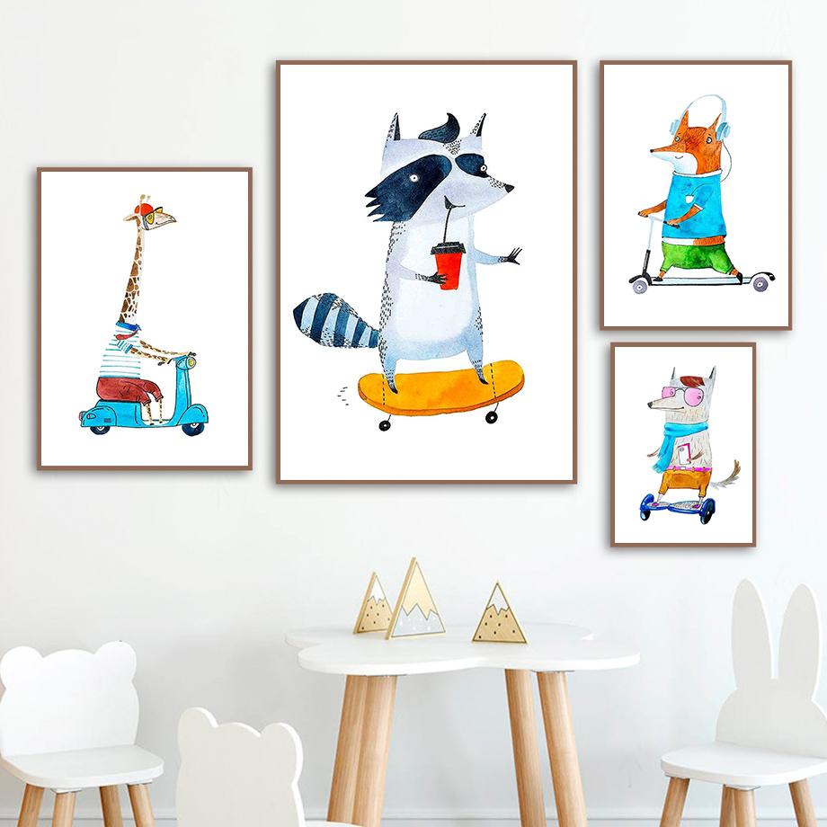 

Giraffe Bear Fox Raccoon Wolf Rabbit Bicycle Wall Art Painting Nordic Posters and Prints Wall Picture Kids Room