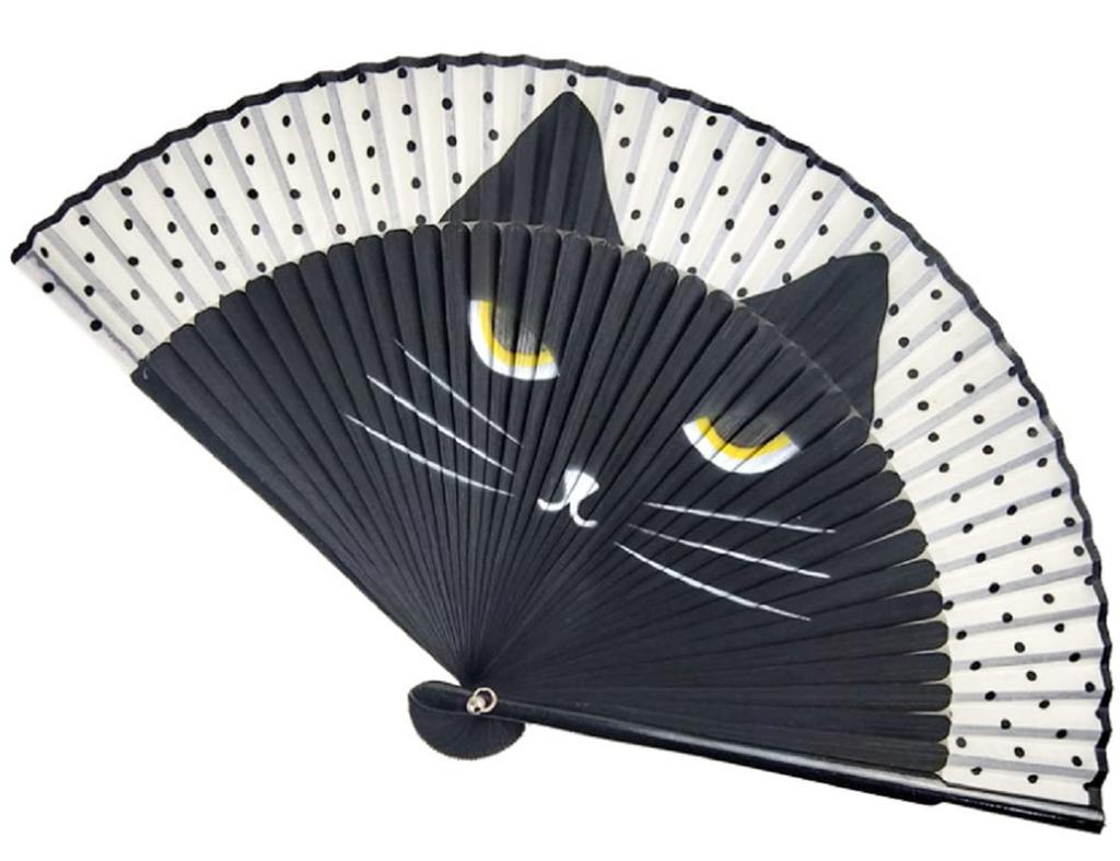 Folding Cute Cat Stylish Modern Cat Includes Fan Bag [deaizaka.biz] Women's Fan, Face, Design, (Black)