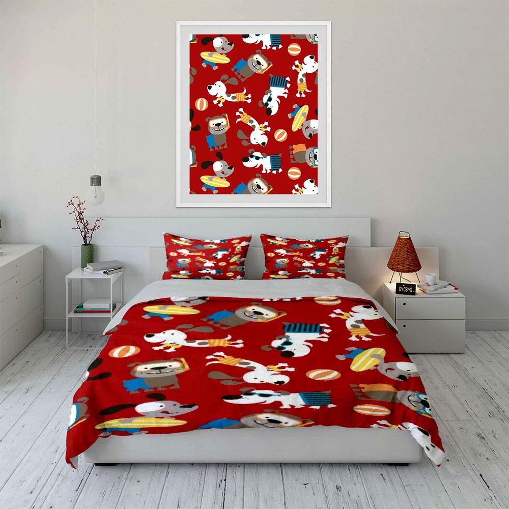 Cartoon Dog Beach Themed Set Bedding Set with 1 Duvet Cover 2 Pillowcases Single Double King Queen, Gift