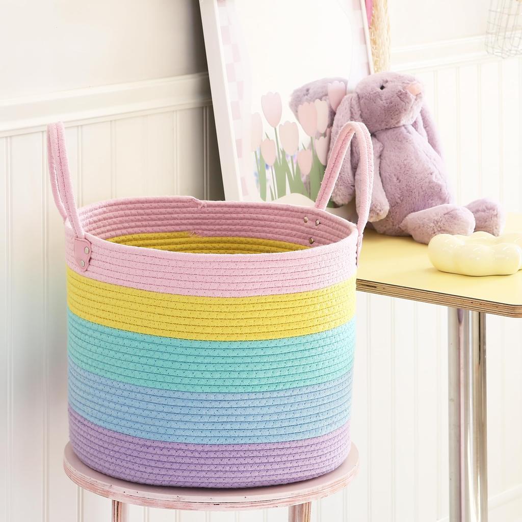 Sea Team Cotton Rope Basket with Handles, Laundry Storage Basket, Storage Box for Laundry and Towels, Foldable, Living Room Decor, Stylish and Cute, L