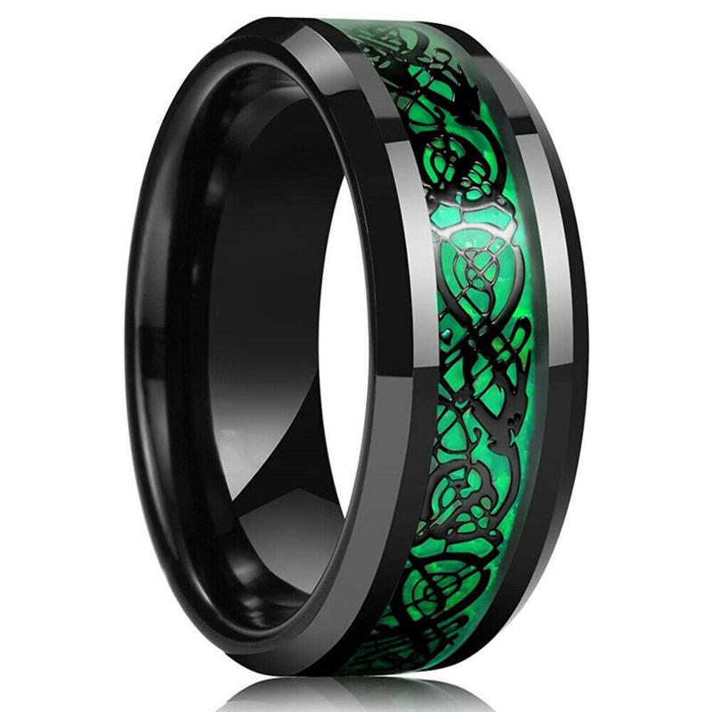 Fashion 8mm Men's Stainless Steel Celtic Dragon Ring Inlay Red Green Black Carbon Fiber Ring Wedding Band Charm Jewelry Gifts