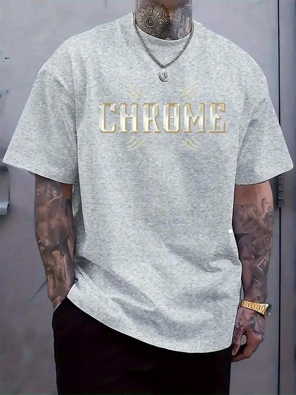 

Casual CHROME Graphic Print T-shirt - Metallic Gray with Golden Accents XXXXL