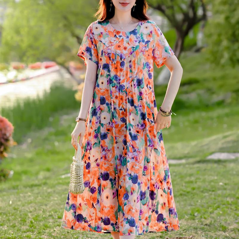 Plus Size Elegant Women's Summer Dress Vintage Clothes Short Sleeve Loose Long Dresses