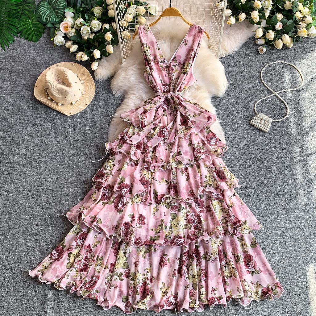 French Romantic Style Printed V-Neck Vest Dress Female Summer Vacation Skinny Temperament Elegant Fairy Cake Dress