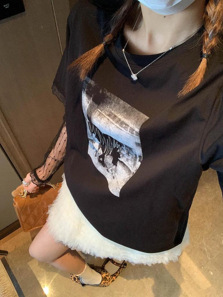 Mochie Spring Lace Patchwork Two-Piece Look Round Neck Printed Loose Slimming Long Sleeve T-Shirt