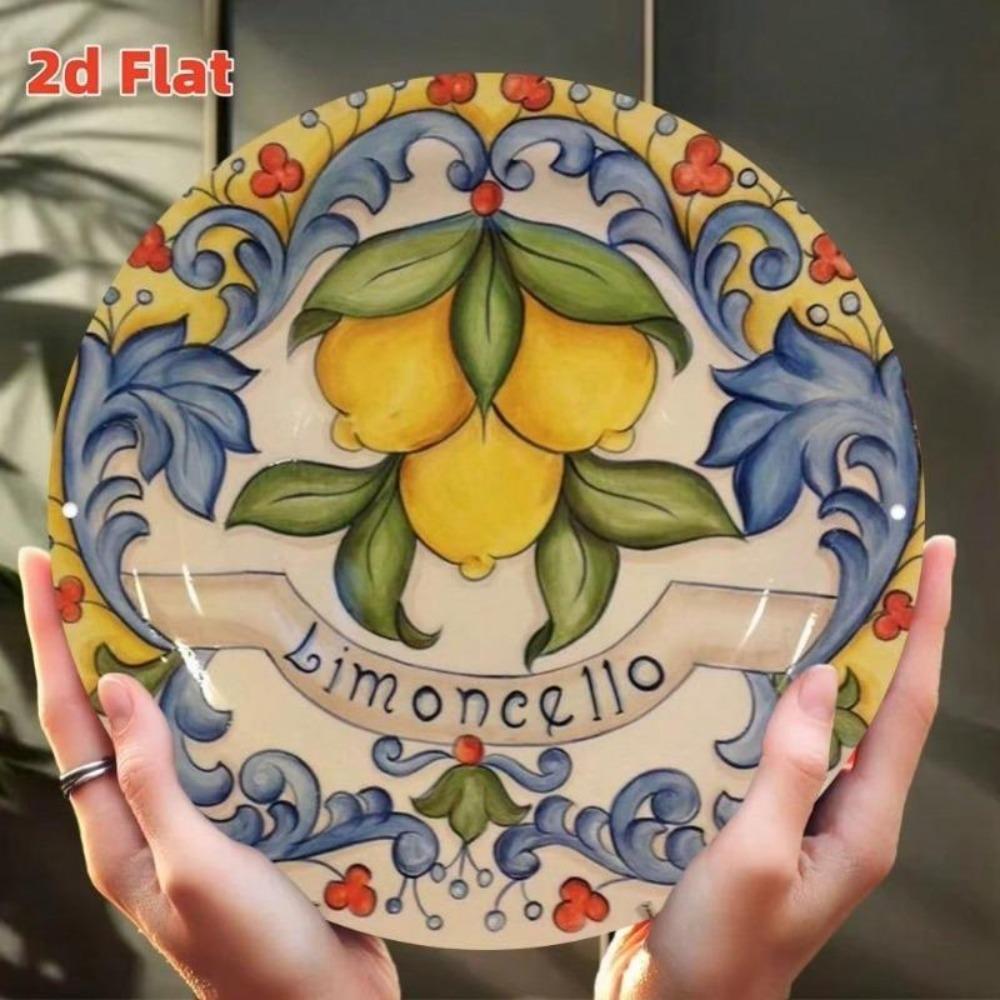 2D Lemon Art Round Aluminum Sign 7.8 Inch Mediterranean Home Kitchen Cafe Wall Decor Plate