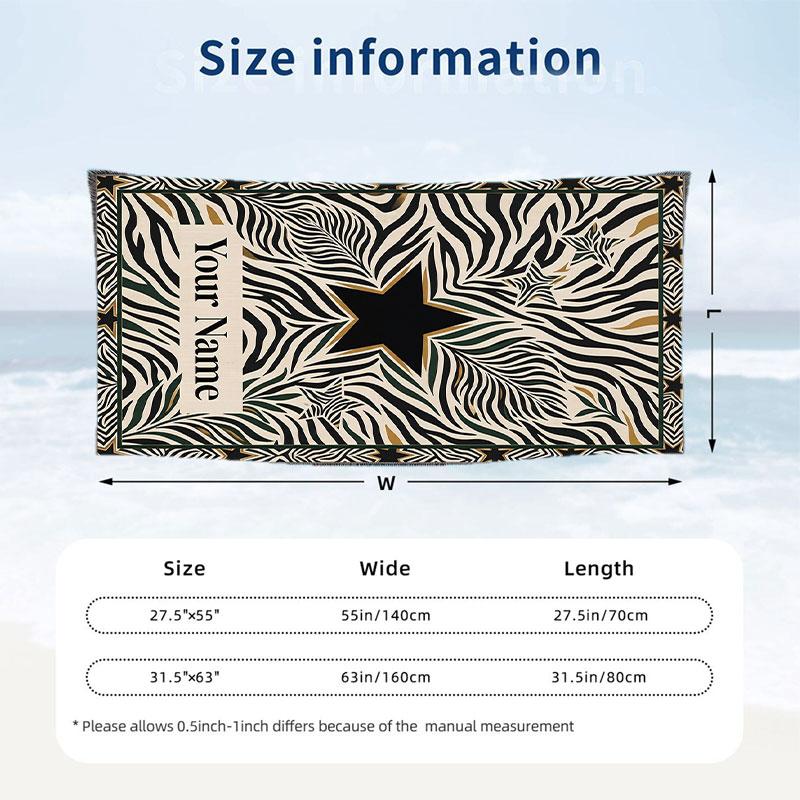 Zebra Star Blanket Theme Quick Dry Beach Towel Custom Name Text Print Large Sand Resistant Towel Beach Vacation