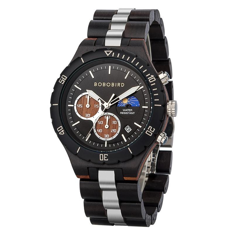 BOBOBIRD Leisure Sports Wood Watch Men s Stainless Steel Back Cover Multifunctional Men s Watch