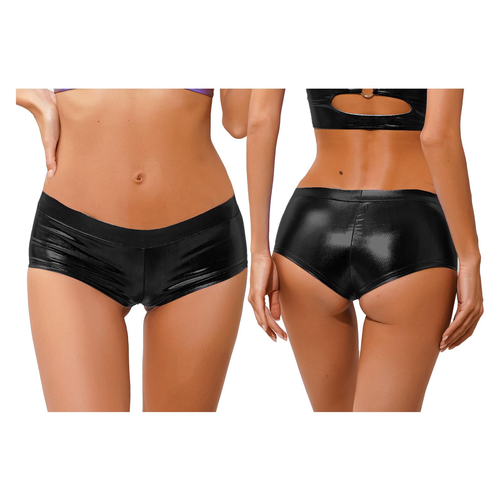 

Жіночі модні блискучі штучні шкіряні гарячі шорти з низькою талією для танцювальних фестивальних костюмів S чорний