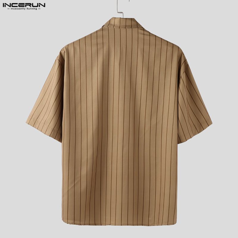 INCERUN Oversized Men Lapel Neck Short Sleeve Striped Print Casual Loose Shirts
