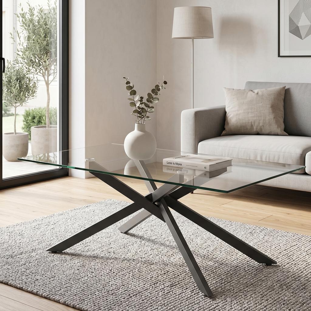 Coffee table made of tempered glass, rectangular coffee table, black shaped metal legs, modern living room table, black-H46/B100/T60 cm