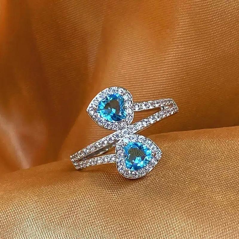 Fashion Double Love Heart Aqua Blue Cubic Zirconia Rings For Women Engagement Jewelry Rings For Girlfriend Anniversary Gift