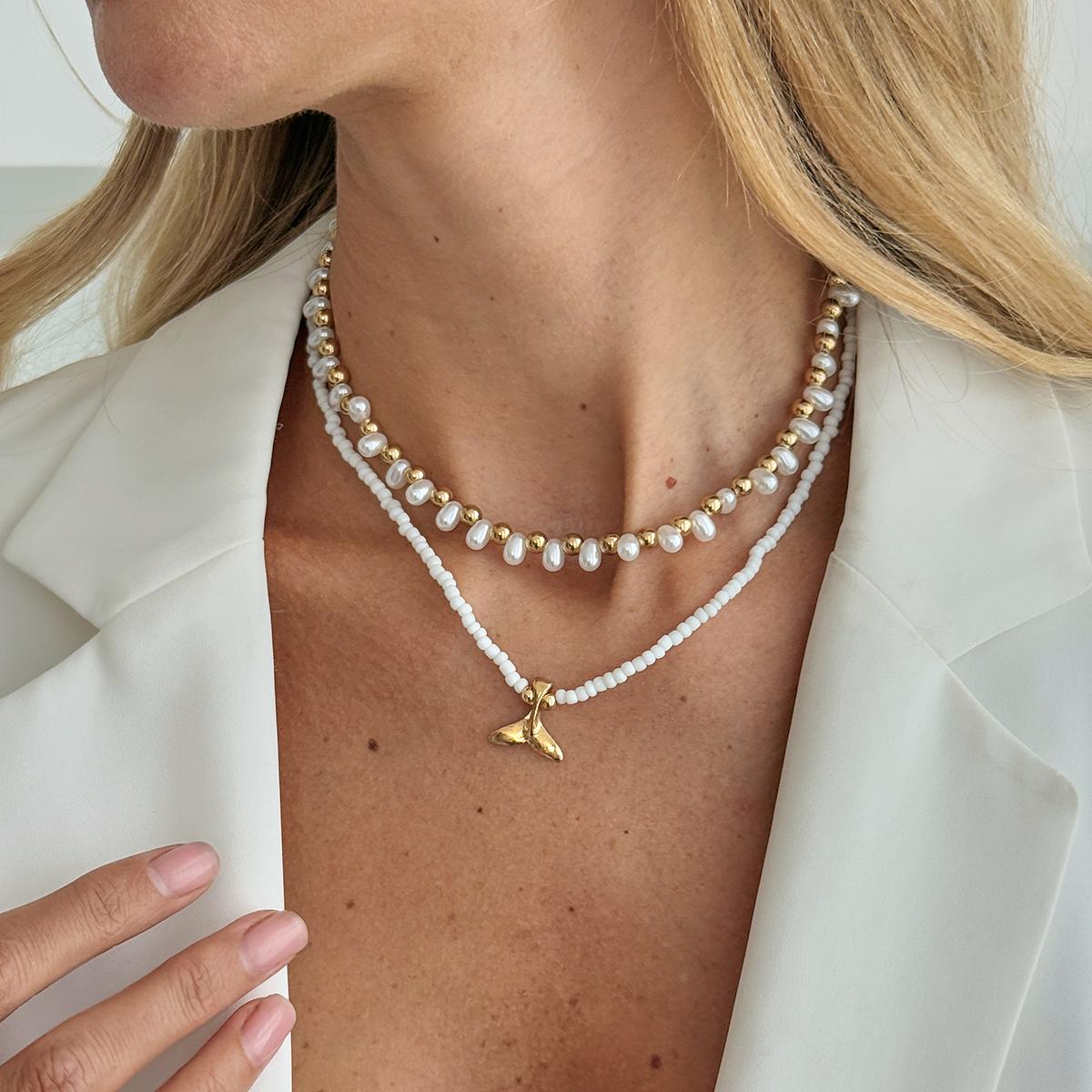 

SHIXIN 2Pcs/Set Bohemian Fishtail Pendant Necklace Women Layered Imitation Pearl Seed Beads Choker Necklace Jewelry Accessories