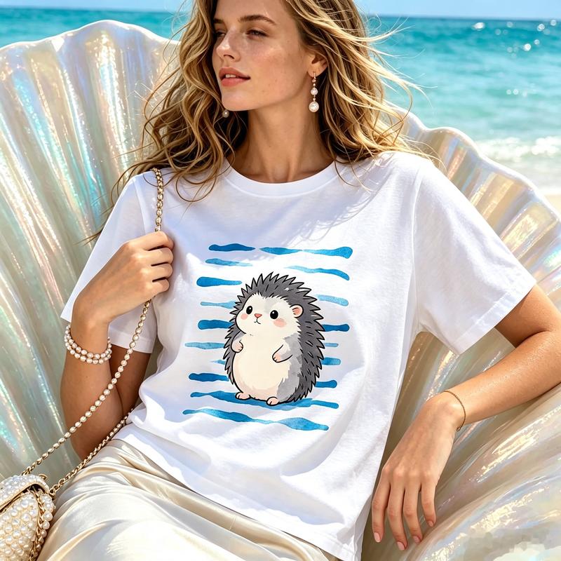 Chubby Hedgehog with Blue Stripes T Shirt Watercolor Art Pattern Premium Cotton Short Sleeve Animal Lover Daily Holiday Gift Tee