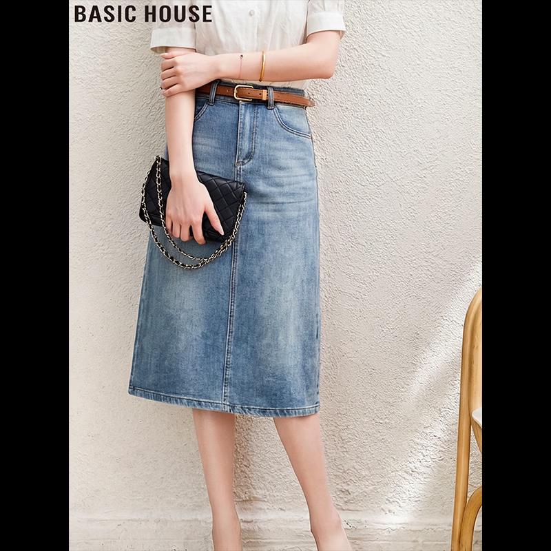 Basic House Women s Blue A-Line Denim Mid-Length Skirt S