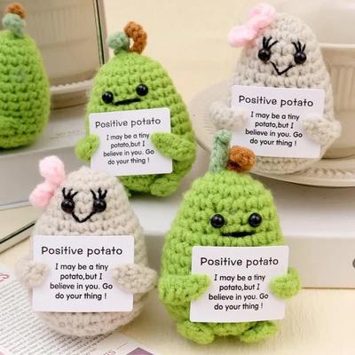 2/1pcs Mini Funny Positive Potato with Card Knitted Creative Crochet Doll Lucky Energy Potatoes Home  Decoration Figurines Gift