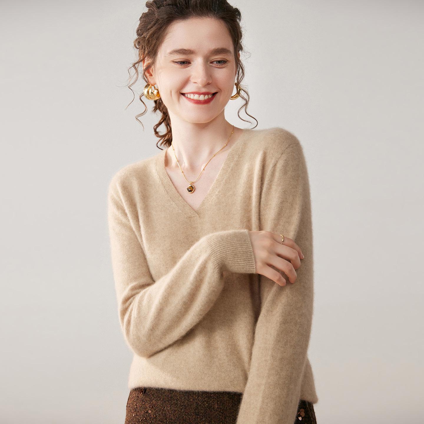 

Women s V-Neck Cashmere Knit Sweater - Loose Fit, Long-Sleeve Pullover Extra Large