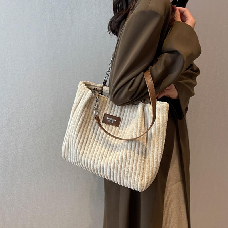 Women Corduroy Shoulder Bag Solid Color Handbag Shoulder Strap Large Capacity Simple Multifunctial Design Casual Totes