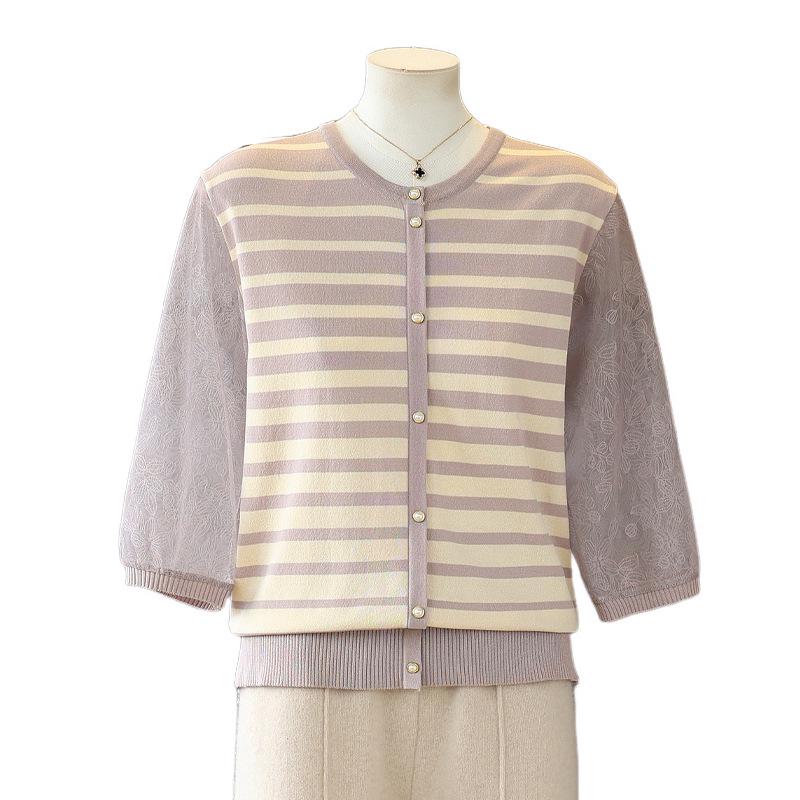 Trendy Spring Striped Knit Top for Moms - New Style for Middle-Aged and Elderly Women, Lightweight Base Layer Shirt