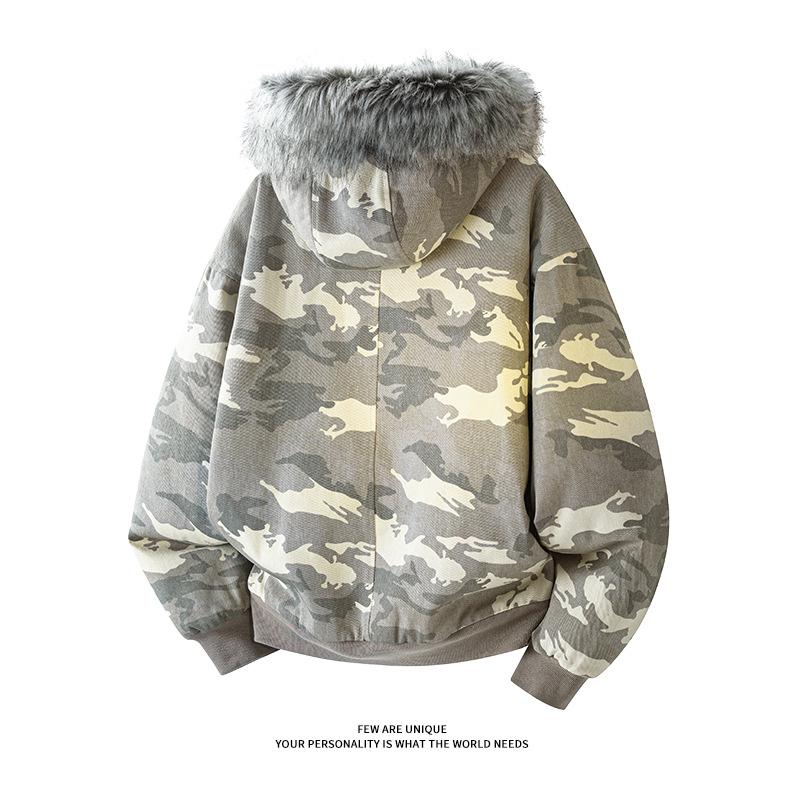 Giacca da Uomo Camouflage Trendy Americana 2025 con Cappuccio e Collo in Pelliccia di Aquila di Montagna - Capospalla Spesso Retro High Street