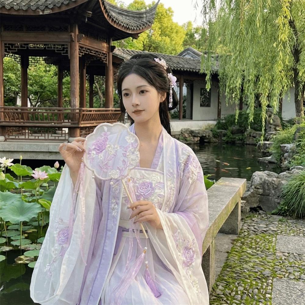 Long Handle Circular Fan Decorative Floral Pattern Silk Fan Elegant Hanfu Fan Wedding Favors