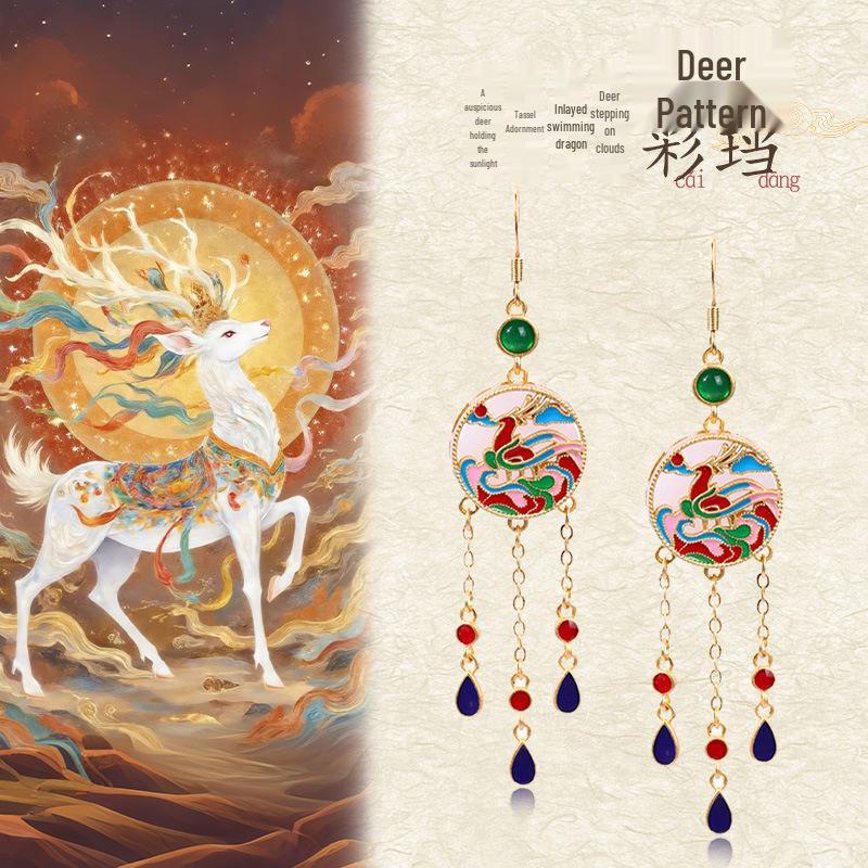 Chinese Style 925 Silver Sun God Deer Earrings with Hetian Jade, Enamel Glaze & Tassel Hooks