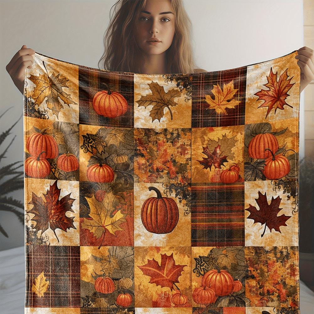 Soft Flannel Throw Blanket Fall Pumpkin Maple Leaf Plaid Print Lightweight Warm Cozy Sofa Bed Autumn Home Decor