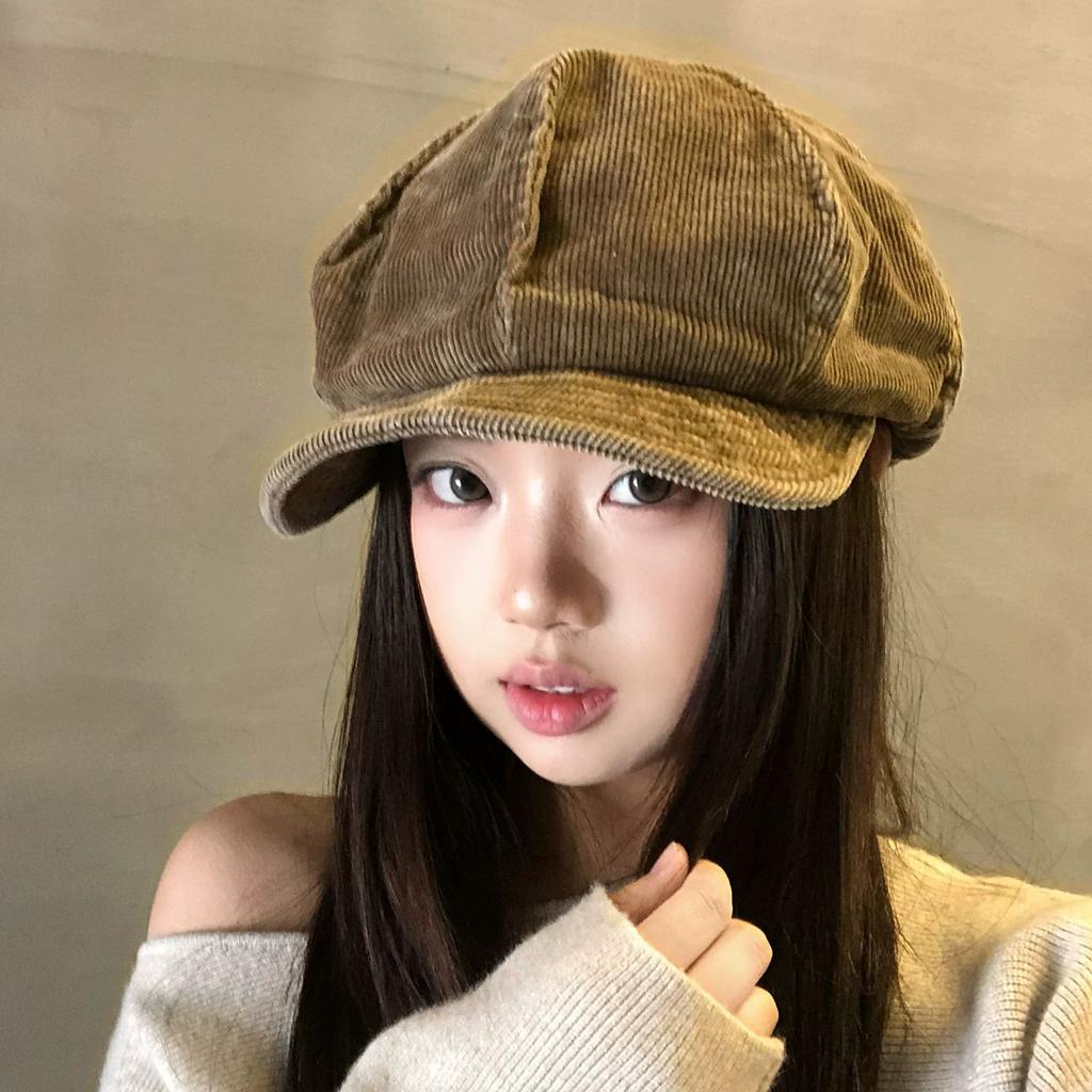 Retro corduroy pleated octagonal hat women's trend versatile big head circumference shows the face small literary style beret