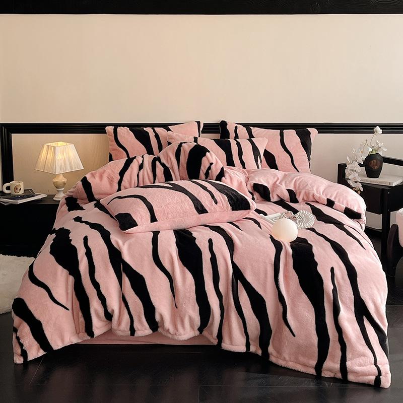 

2025 New Zebra Pattern Warm Rabbit Fleece Four-piece Set Winter Milk Fleece Thickened Quilt Cover Sheet Double-sided Fleece 1.5m sheet 4pcs