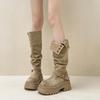 Fashion Versatile Pleated Foldable Boots Women's Autumn and Winter 2025 New Retro Solid Color Fashion Boots