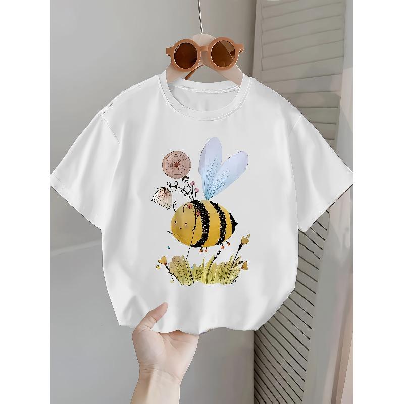 Europäische Größe Mädchen Rundhals Kurzarm T-Shirt mit Honigbienen-Musterdruck
