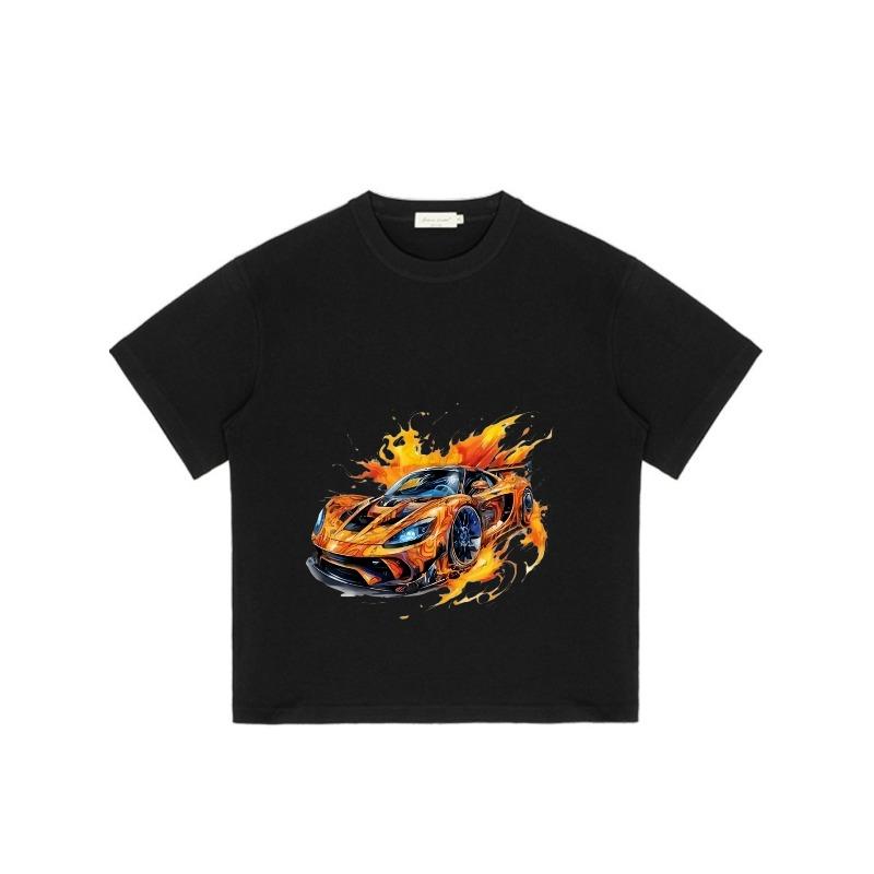 Black T Shirt with Flame Racing Car Print for Casual Wear