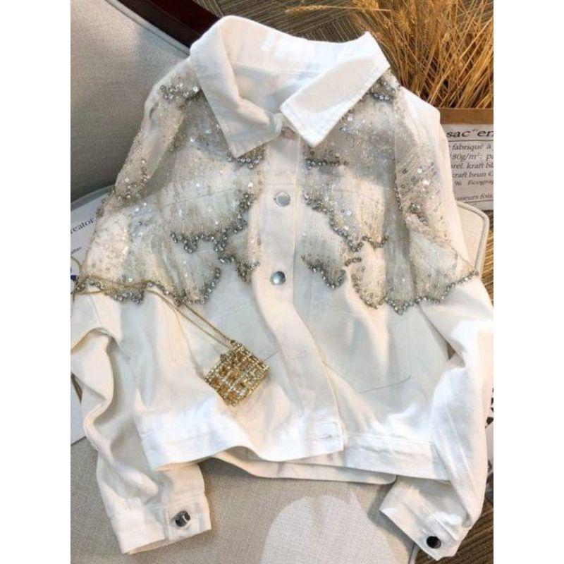 Internet Celebrity Beads Rhinestones Denim Outwear Female Spring & Fall 2024 Loose Slim Looking Fashion Wind Mesh Jacket Tops Tide