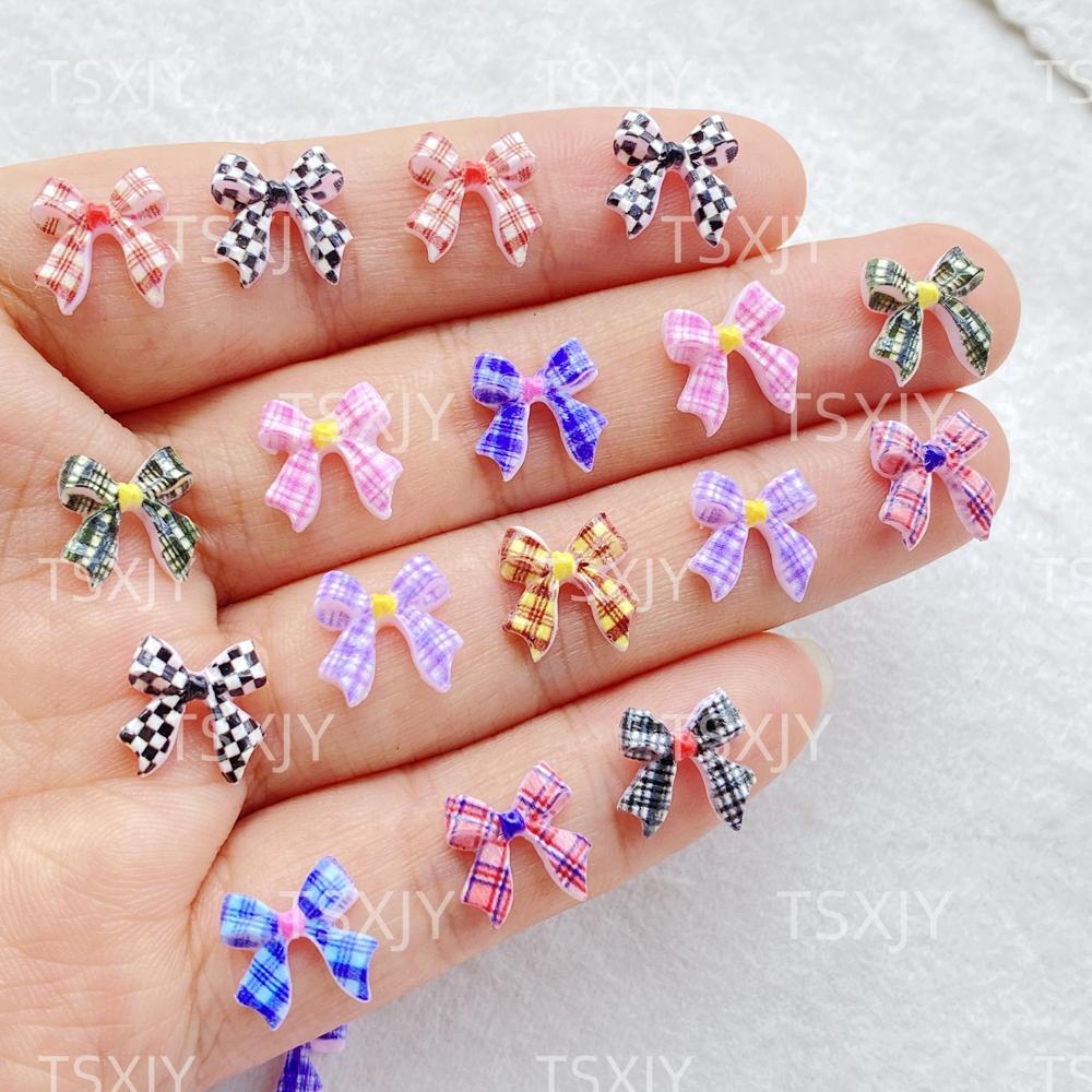 50Pcs Cute Mini Colorful Grid Bow Nail Art Resin Designer Charms DIY Craft For Nail 3D Decorations Jewelry
