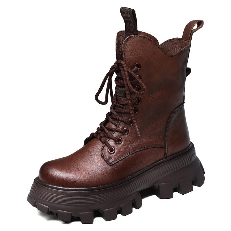 Women's leather sponge cake thick soled boots for autumn and winter British style single boots