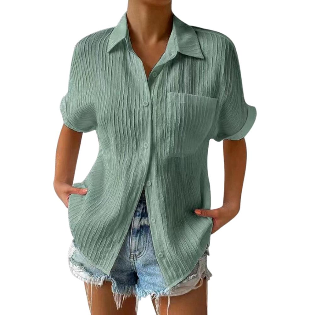 Women's Solid Color Lapel Short Sleeve Shirt Casual Button Cardigan Top