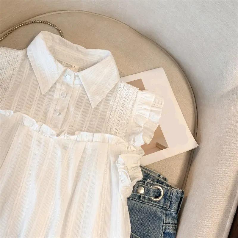 Women Blouses Sweet Sleeveless Solid Lace Ruffles Japanese Fashion Students College Girls Comfortable Loose Summer