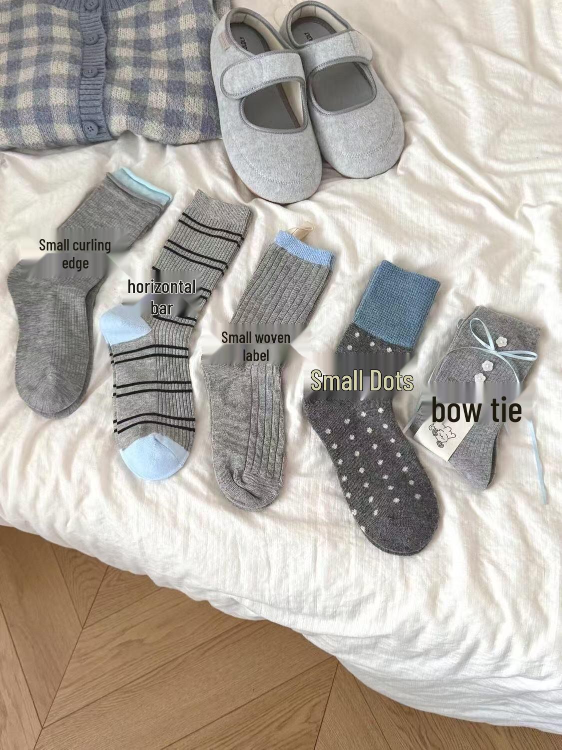 

Серый-голубой женские носки до середины икры в корейском стиле: Горошек, Цветовой блок, Подвернутый край Small Fabric Label