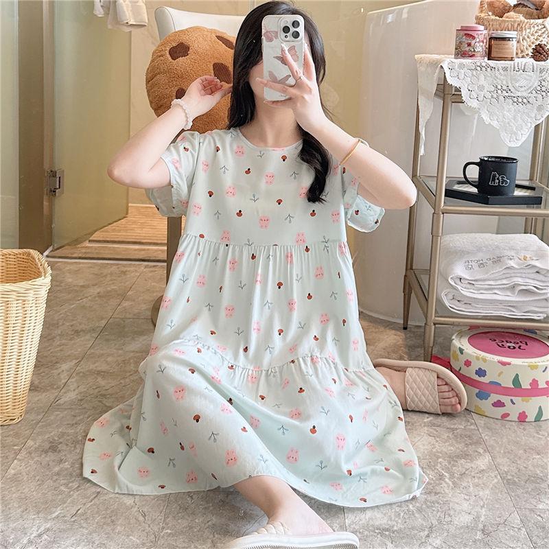 Cotton and silk nightgown women's summer thin short-sleeved cartoon printed pajamas can be worn outside long large size loose knee pajamas