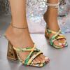 Fashion Printed Strange Heeled Sandals Women 2025 Summer Square Toe 10cm High Heel Slippers Woman Cross Strap Party Dress Shoes