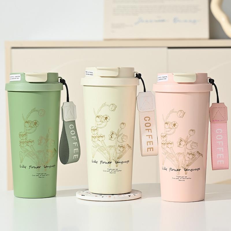 500ml Thermal Mug with Handle 304 Stainless Steel Insulated Vacuum Flask Coffee Mug Thermos Lily of the Valley Flower Luck Cup