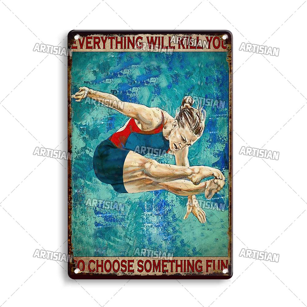 Artisian Sport Metallschild Schwimmen Blechschild Tauchen Dekoratives Poster Wanddeko Garage Bar Pub Club Hotel Café Küche Zuhause