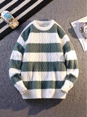 Pull Pull à Manches Longues Rayé Color Block Style Coréen pour Homme Automne/Hiver 2025 – Décontracté, Chaud, Col Rond, Coupe Ample.