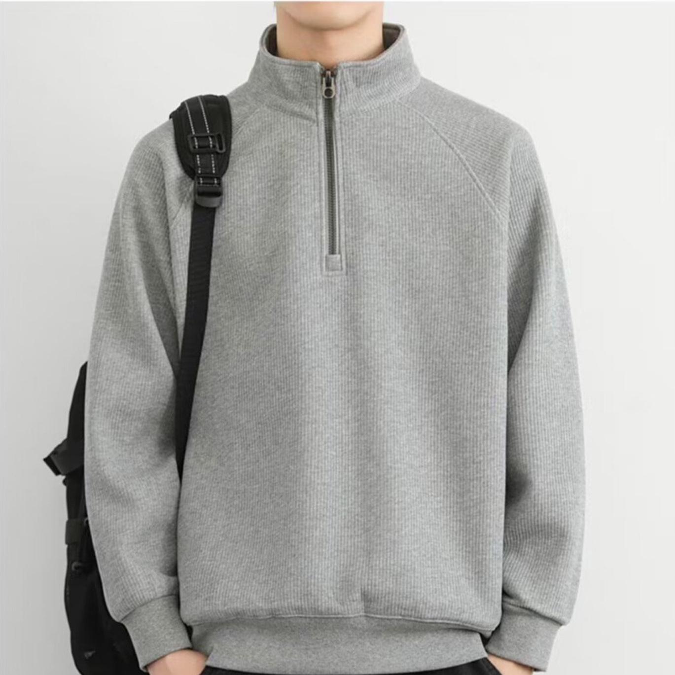 Men s High-End Solid Color Stand-Up Collar Half-Zip Pullover Sweatshirt 2XL серый