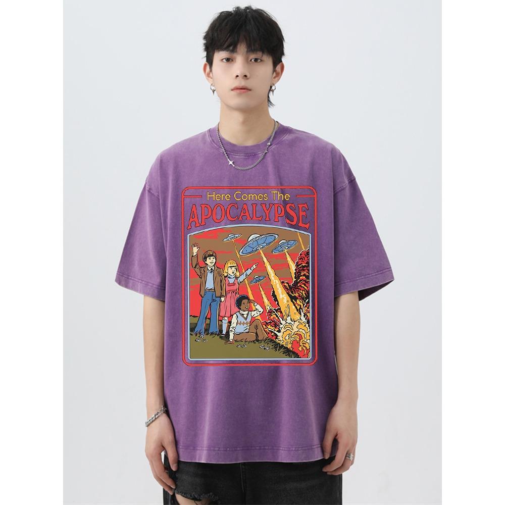 Here Comes The Apocalypse Ufo Washed Retro T-Shirt Men Fashion Cotton Clothes T-Shirts Oversized Street Casual Tops