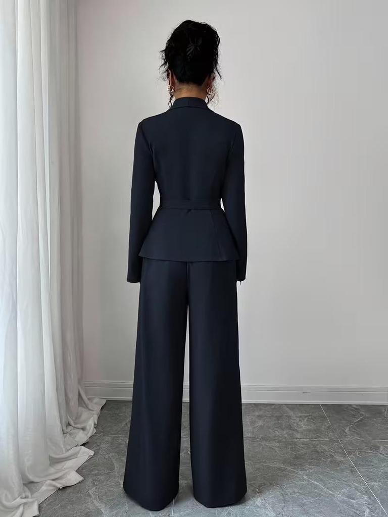 Women's European & American Spring/Autumn Fashion V-Neck Long Suit with Wide-Leg Pants Set