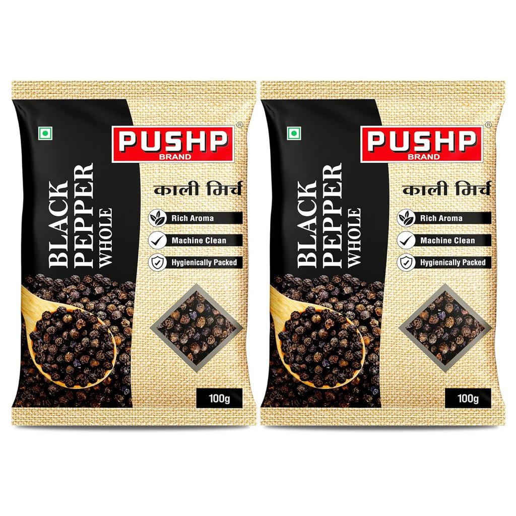 Pushp Brand Whole Black Pepper 100g Pack Of 2 Natural Kali Mirch Premium Aromatic Spice For Daily Kitchen Cooking Use